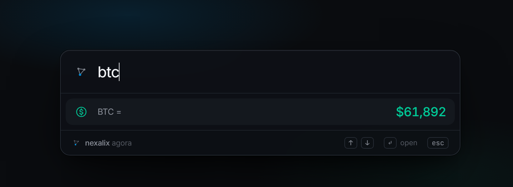 Nexalix Agora showing a live BTC price